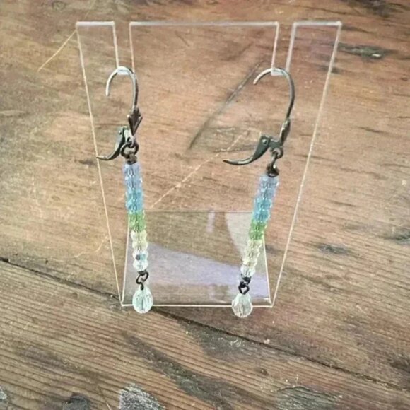 Blue, Green, White Long Drop Crystal Earrnings - Picture 2 of 5